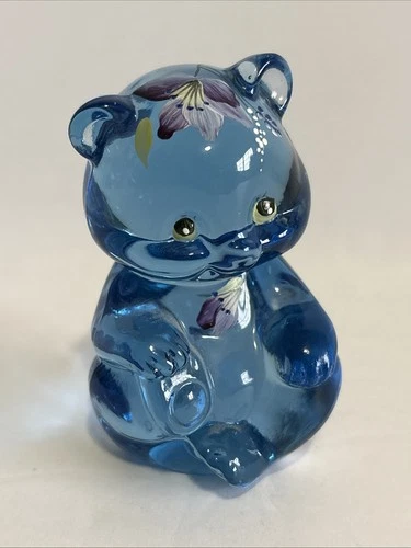 Fenton Art Glass Blue Bear Figurine Hand painted Floral Signed S. Barnett 3”