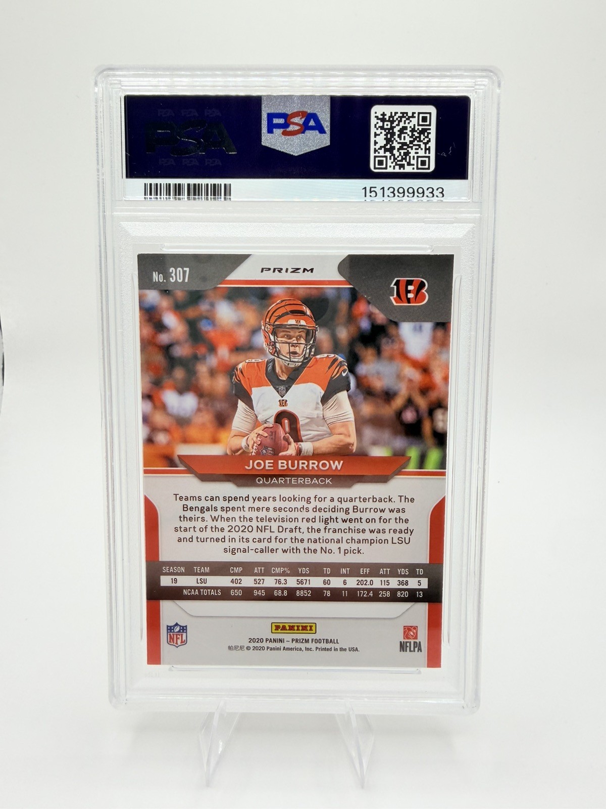 2020 Panini Prizm #307 Joe Burrow Orange Disco Prizm RC Rookie PSA 9 view 2