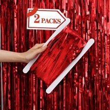 2 PCS 3.28x6.56 Ft Red Metallic Tinsel Foil Fringe Curtains Party Backdrop