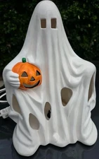 Vintage Ceramic Halloween Ghost With Pumpkin Jack O Lantern Light Up 9”