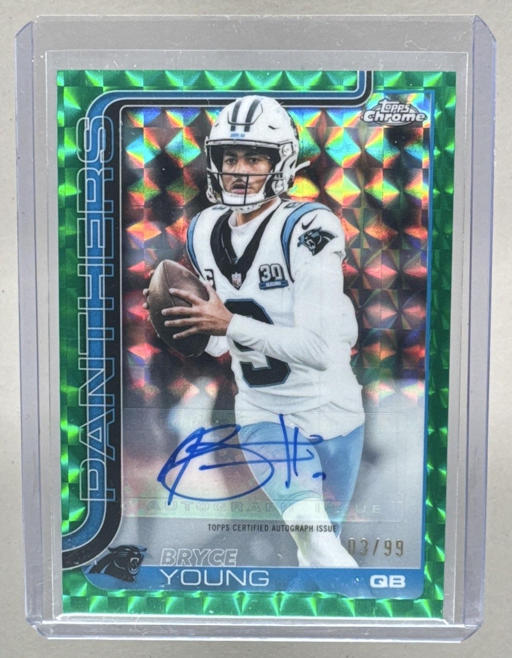 Bryce Young 2025 Topps Chrome #BA-BY Green Geometric Refractor Auto 3/99