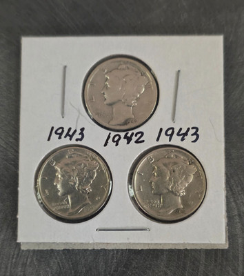 Set of 3 coins 1942, 1943, 1943 Mercury 10c Silver Dime VF Circulated