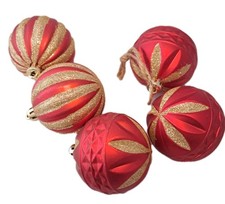 Set Of 5 Red Gold Glitter Shatterproof Christmas Ornaments F