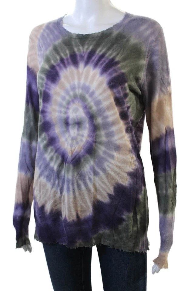 Camisa de algodón de otoño cachemir para mujer cuello redondo teñida con corbata púrpura verde pequeña Foto 2 de 4