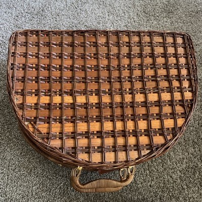 Woven Wicker Basket with Roses Painted Ceramic Tiles And Handles