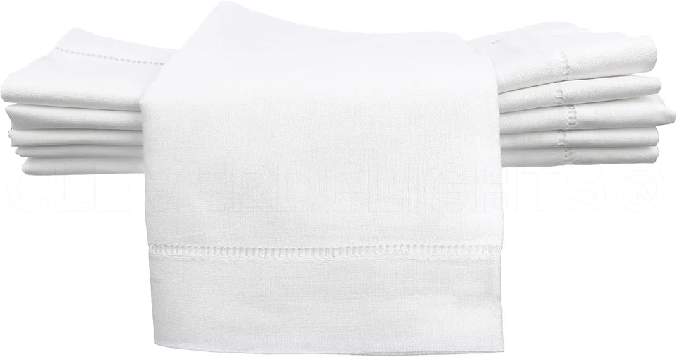 Luxurious 12-Pack 20" White Linen Cotton Blend Napkins with Elegant Hemstitch - Image 3 of 4