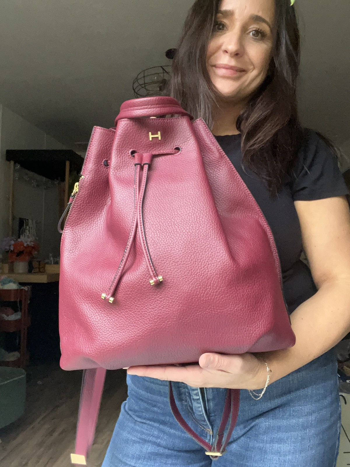 Halston Maroon Leather Drawstring Backpack with G… - image 11