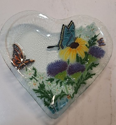 Signed Peggy Karr 10'' Butterfly Heart Tray Fused Art Glass 1999 
