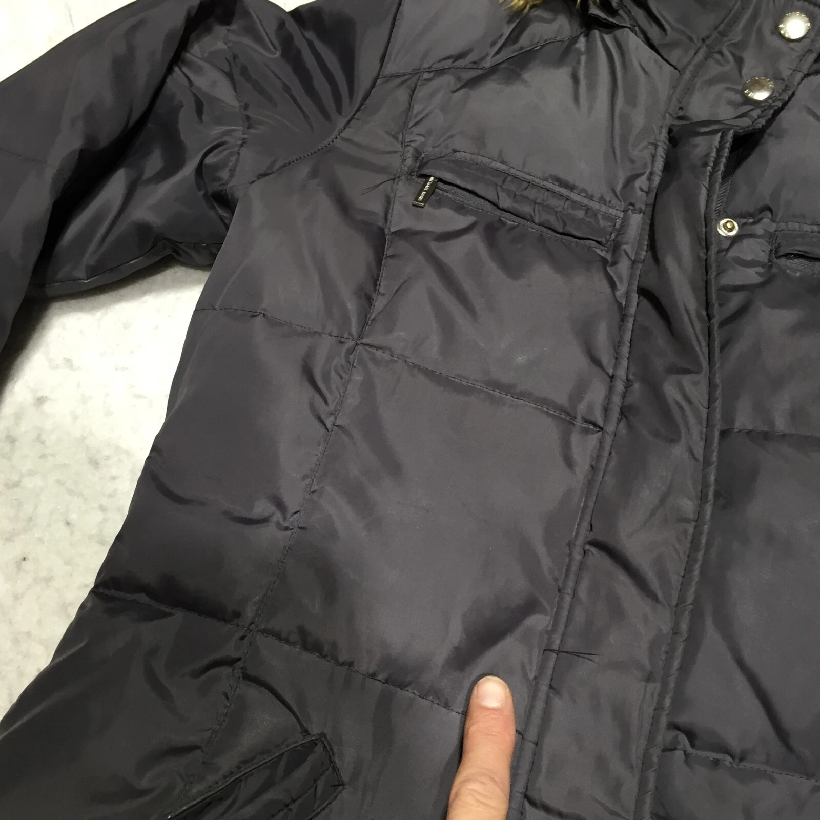 Michael Kors piumino puffer trench cappotto DIFETTOSO donna XS grigio pelliccia sintetica cappuccio zip