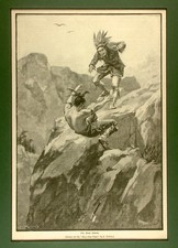 Indians Fighting on Cliffs~>Woodblock Print 1880s from 'The Boy's Own Paper' EXC