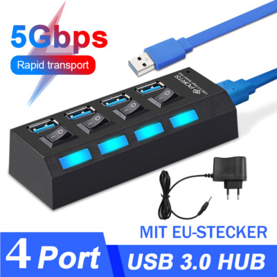 USB 3.0 Multiport Adapter Data Transfer Hub 4-Fach Port Mehrfach Ports Schwarz