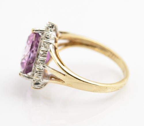 Vintage 9 kt Gold Ring mit natürlichem rosa Topas im Brillantschliff & Diamant Heiligenschein - Bild 6 von 9