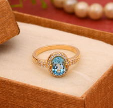 Natural Blue  White Topaz Promise Rings Gold Plated 925 Silver Engagement Ring