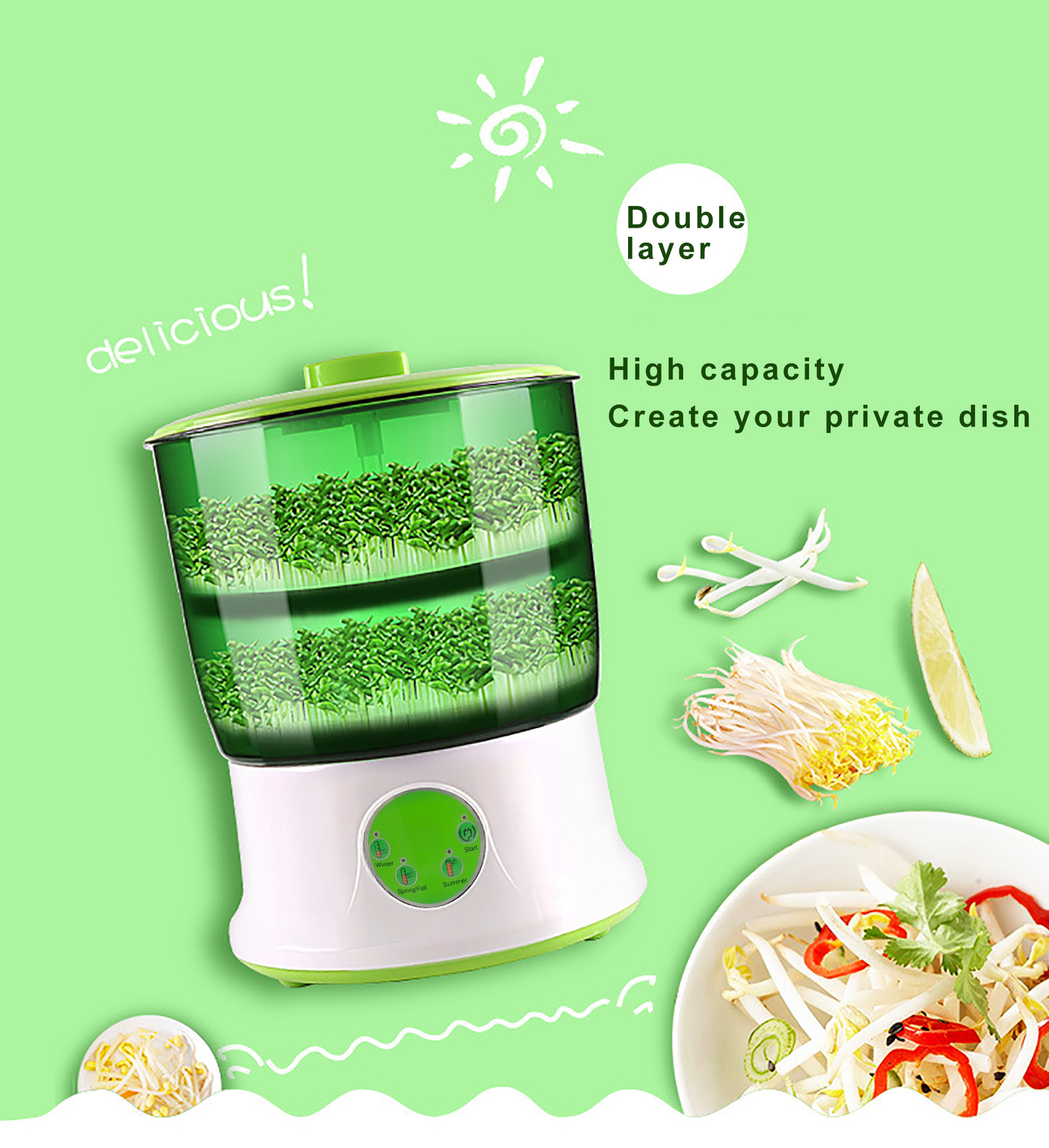 2 Layers Automatic Bean Sprouts Sprouting Seed Machine Bean Seed Sprouter 20W