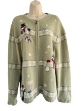 Croft Barrow Womens Sz XL Vintage Green Full Zip Snowman Christmas Cardigan