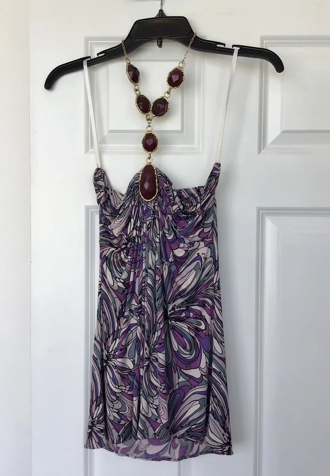 Blusa Top SKY Púrpura Halter Seda Joyas Sin Mangas Talla Mediana Foto 2 de 4