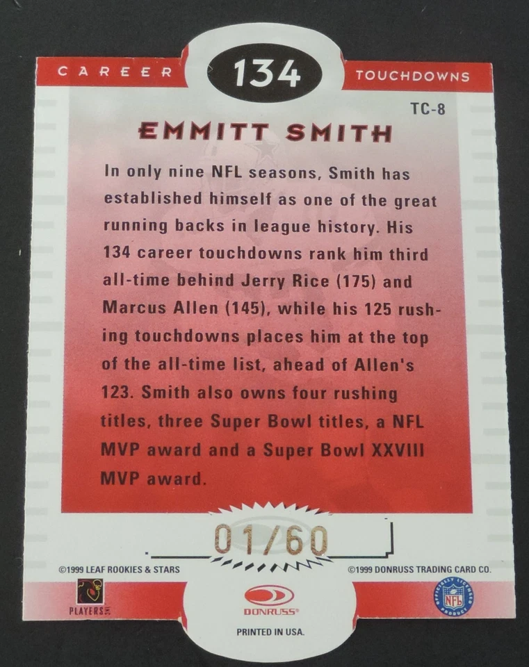 1999 LEAF R&S EMMITT SMITH #ED 01/60 DIE CUT TOUCHDOWN CLUB SP FIRST ONE !! RARE - Image 2 of 2