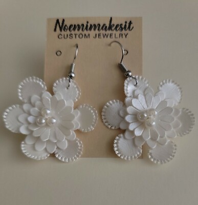Ivory Faux Leather Flower With Beads Earrings
