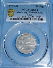Weimar Rep. 50 Pfg 1922 D PCGS MS64 Stempelglanz Rar! Preisvorschlag gewünscht!!