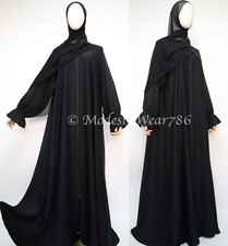 Full Zip Semi Flare Crinkle Abaya Muslim Women Modest Dress Black