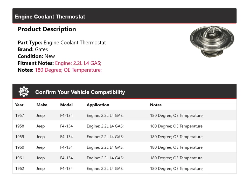 Para Jeep F4-134 1957-1962 2,2 L L4 motor gas refrigerante termostato puertas 1958 1959 Foto 2 de 4