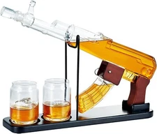 Whiskey Decanter Set Gun Detachable Magazine & 2 Bullet Shot Glasses Liquor Bar