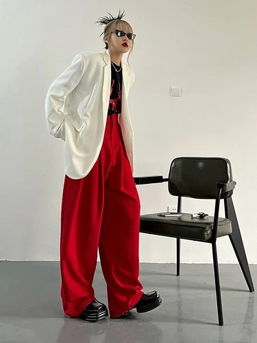 Red Suit Pants for Women Wide Leg Trousers Vintage Streetwear High Waist 10 12 - Picture 16 of 17