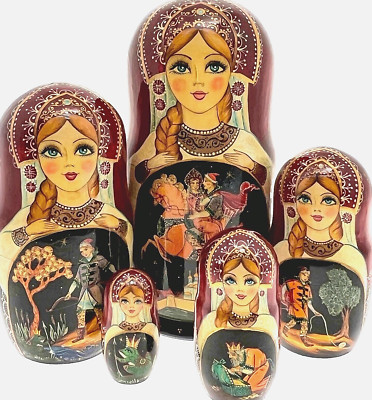 5 Russische Puppen H21 cm exklusiv Palekh handbemalt signiert Matroschka Nested Doll