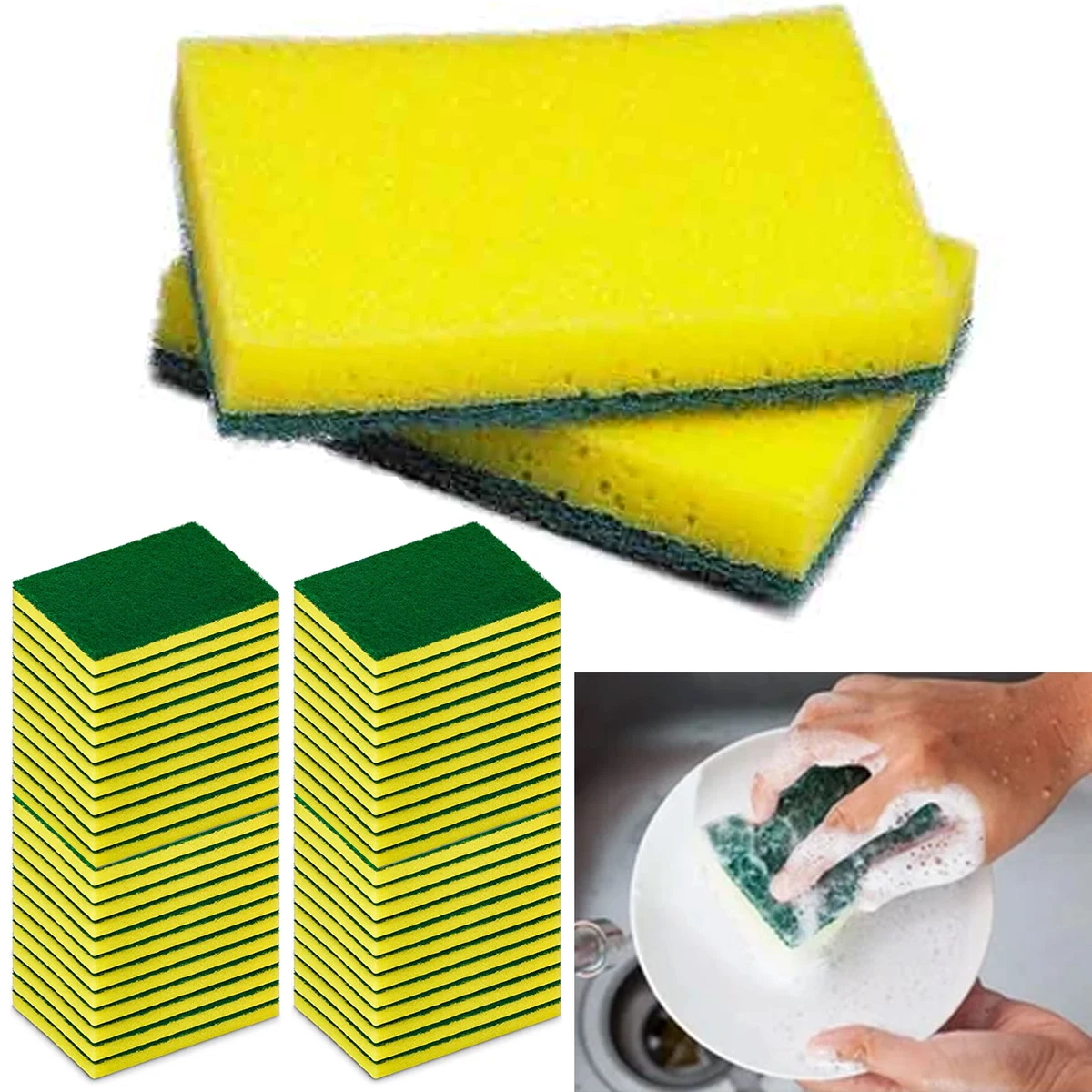 48 Lot Multi Purpose Yellow Dish Sponge Green Scrubber Scrub