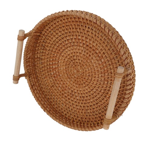 (M)Rattan Fruit Tray With Solid Wood Handles Exquisite Hand Woven Round Servi JY - Picture 5 of 12