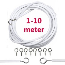 NET CURTAIN WIRE WHITE WINDOW VOILE WASHING LINES CABLE CORD WITH HOOKS & EYES