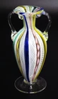 Vintage Murano Latticino Zanfirico Glass Vase Twin Handled Rainbow Ribbon 5" EUC