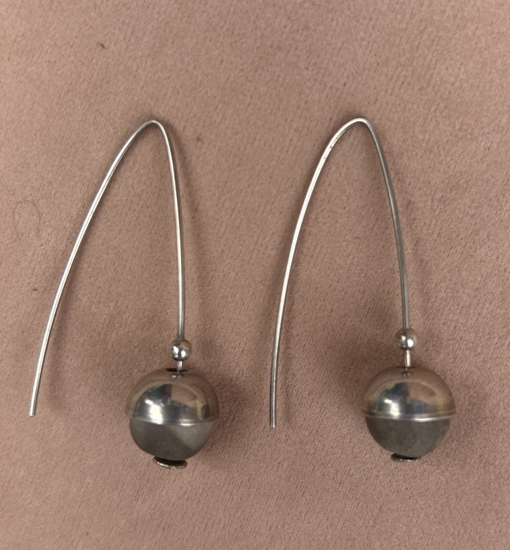 Silver Tone (925?) And Grey Bead Drop Earrings.