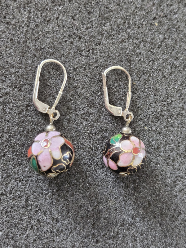 Vintage Cloisonne Dangle Drop Earrings - Sterling Silver Marked - 925 HC