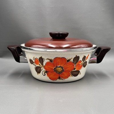 Vintage Sanko Ware Japan Enamel Floral Stock Pot w Lid Orange Flower 70s