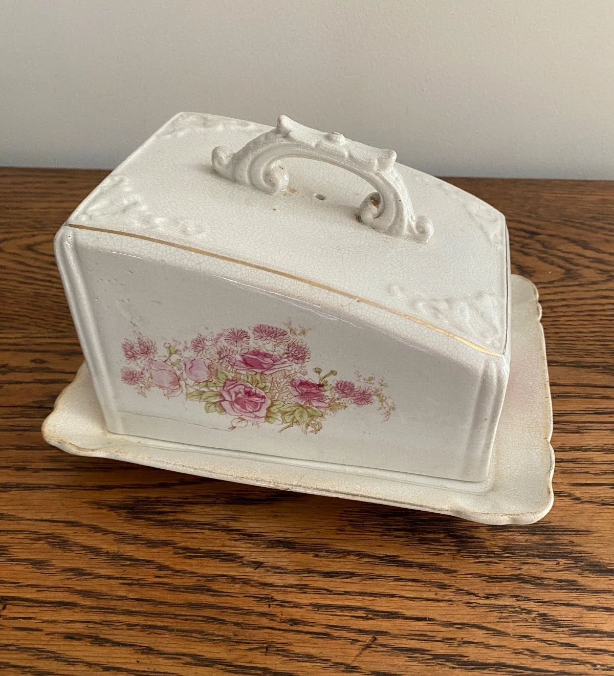 ANTIQUE 19TH C CHELSEA ROYAL POTTERY EXTRA LARGE FLORAL DECORATED BUTTER DISH
