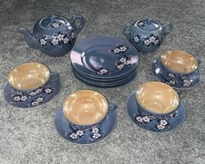 Vintage Japanese Blue Lusterware Tea Set with a Dogwood Flower Lot - 17 Pc
