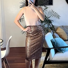 Asos Midi metallic brown beige sequin dress Turtle neck Sleeveless size 6