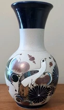 Tonala Vase Stoneware Peacock Floral Hand Painted Folk Art Signed VTG Mexico
