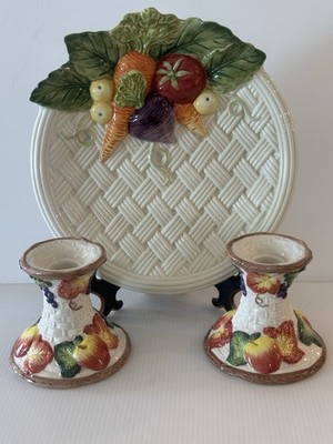 VTG FITZ ANF FLOYD OMNIBUS CORNUCOPIA HARVEST CANDLE HOLDER 4 H SET OF 2