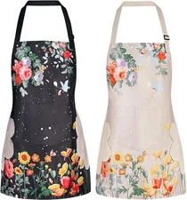 DILLMAN 2 Pack Floral Aprons with Pocket Blooming Womens Waterproof Adjustable C