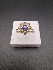 Vintage Silver Gold Fronted Amethyst Seed Pearl Cluster Ring Size S 