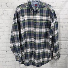 VTG Tommy Hilfiger Shirt Mens Med. Green Plaid Button Down Tartan Y2K