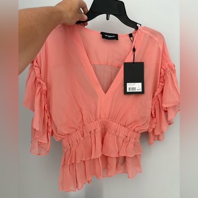   The Kooples coral layered sheer ruffle v neck blouse size 1 (small)