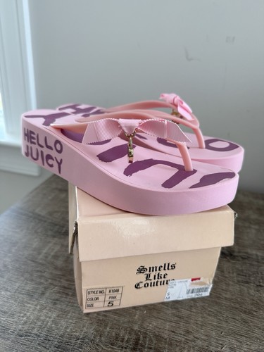 NIB JUICY COUTURE K104B Bow Thong Wedge Sandals Flip Flops Pink Size 5M - Picture 7 of 7