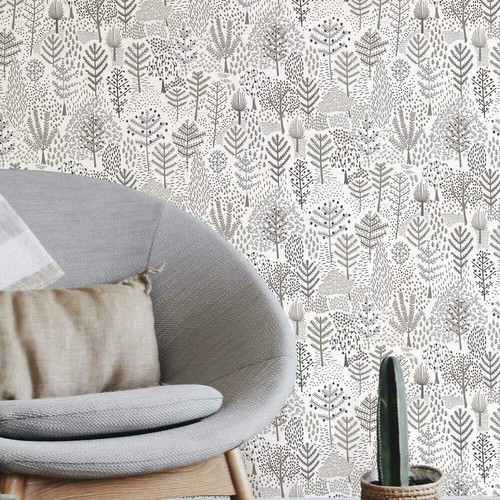 RMK11736RL White and Gray Folklore Trees Gray Peel and Stick Wallpaper - Foto 2 di 9