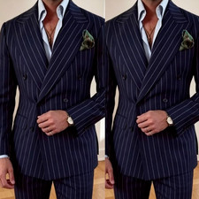 Striped Men Suits Business Formal 2Pcs Peak Lapel Double Breasted Jacket Tuxedo