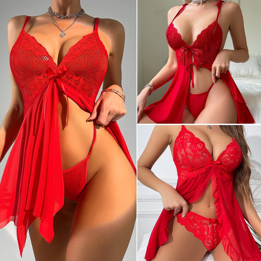 Women's Sexy-Lingerie Babydoll G-string Sleepwear Underwear Red Lace Dress Set