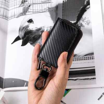 Black Carbon Fiber Faux Leather Zipper Key Holder /Coin Purse /keychain