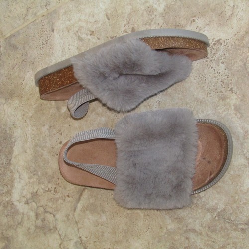 Primark grey faux fur open toe mules sandals slippers elastic heel strap uk 4